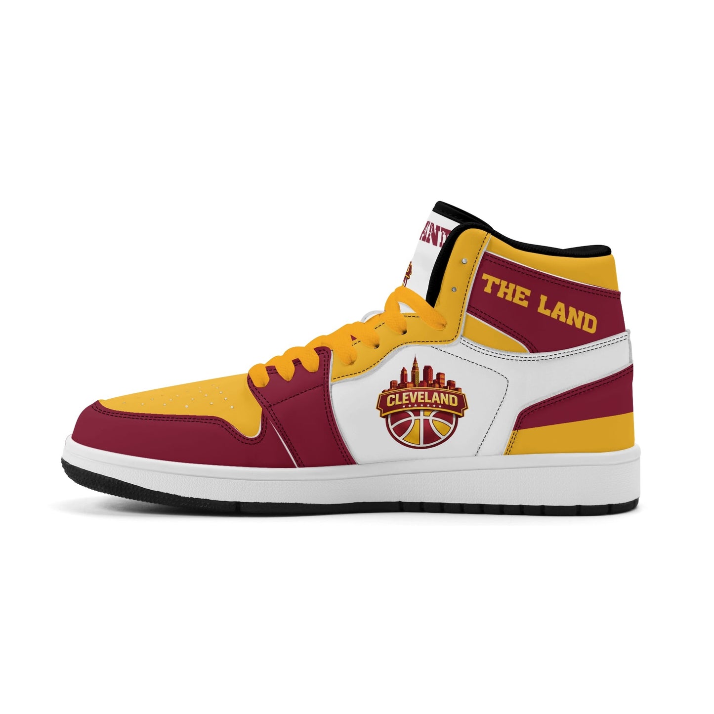 Cleveland basketball-inspired high top sneakers in white with all-over city graphic printed upper