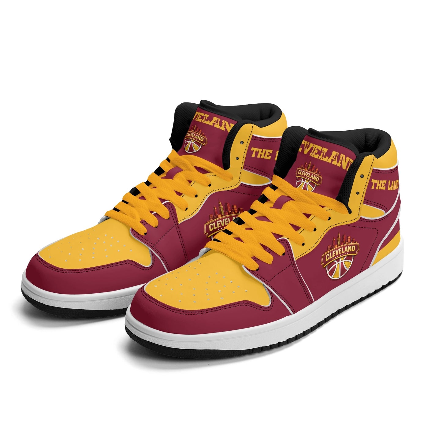 Cleveland basketball-inspired high top sneakers in red with all-over city graphic printed upper