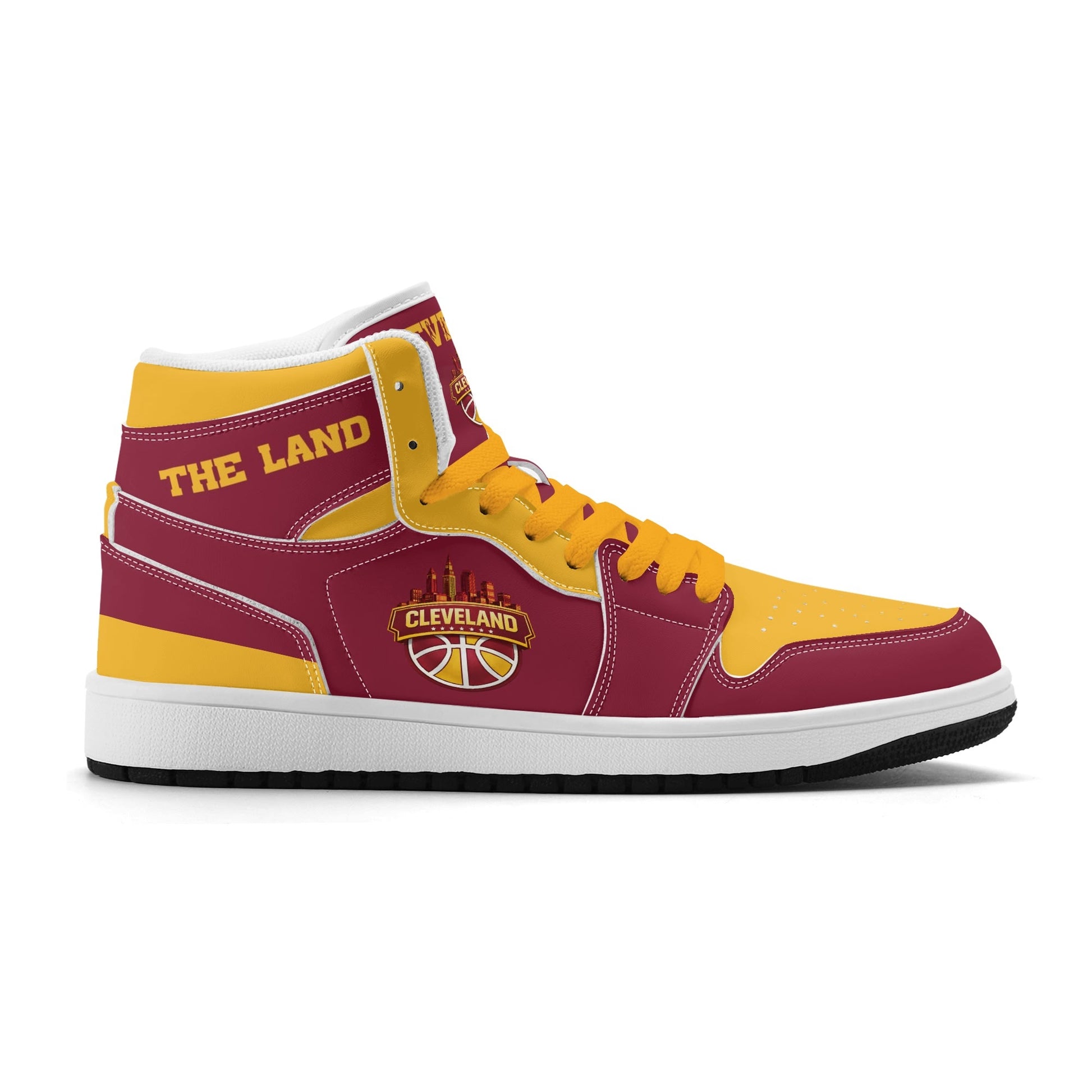 Cleveland basketball-inspired high top sneakers in red with all-over city graphic printed upper