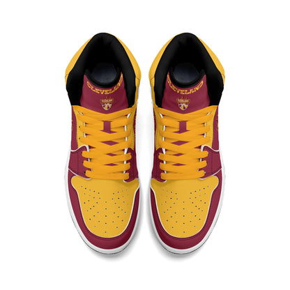 Cleveland basketball-inspired high top sneakers in red with all-over city graphic printed upper