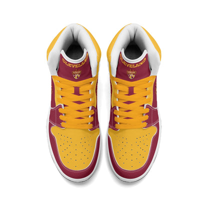 Cleveland basketball-inspired high top sneakers in red with all-over city graphic printed upper