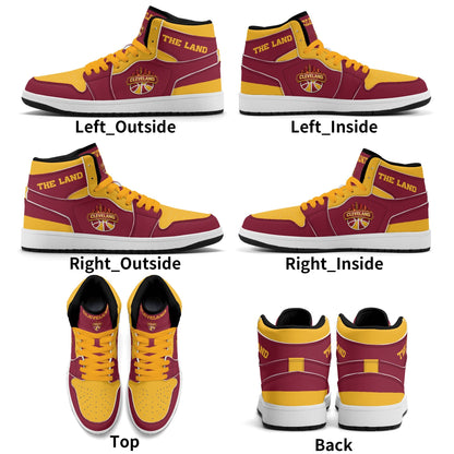 Cleveland basketball-inspired high top sneakers in red with all-over city graphic printed upper