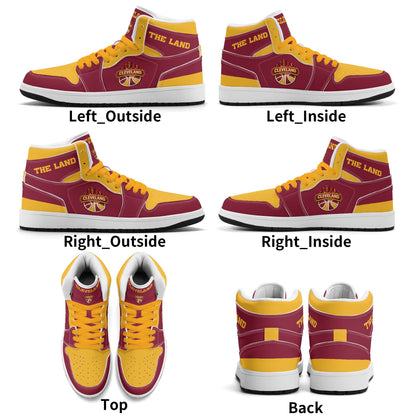 Cleveland basketball-inspired high top sneakers in red with all-over city graphic printed upper