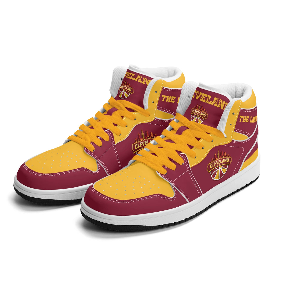 Cleveland basketball Jamrock High top sneakers in wine and gold with THE LAND collar and CLEVELAND skyline badge