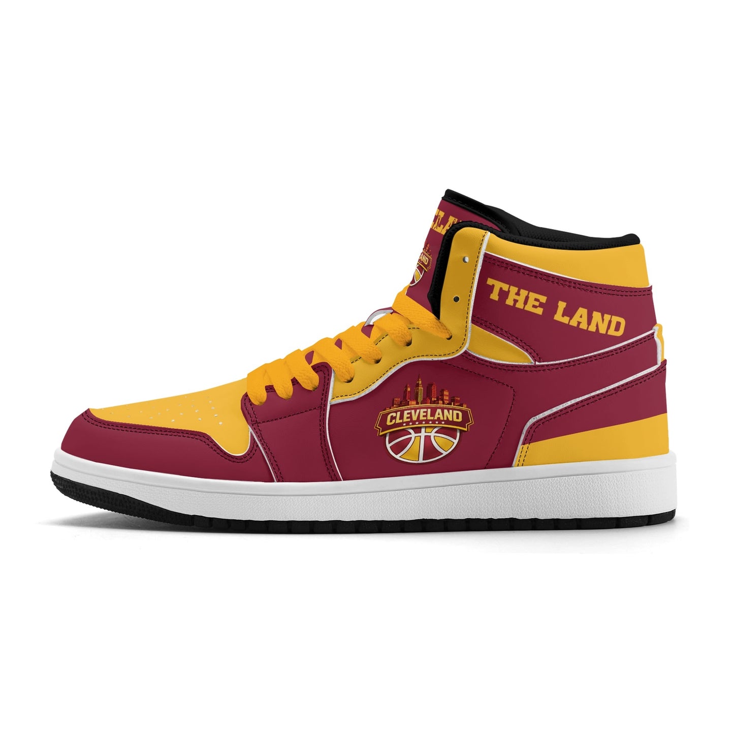 Cleveland basketball-inspired high top sneakers in red with all-over city graphic printed upper