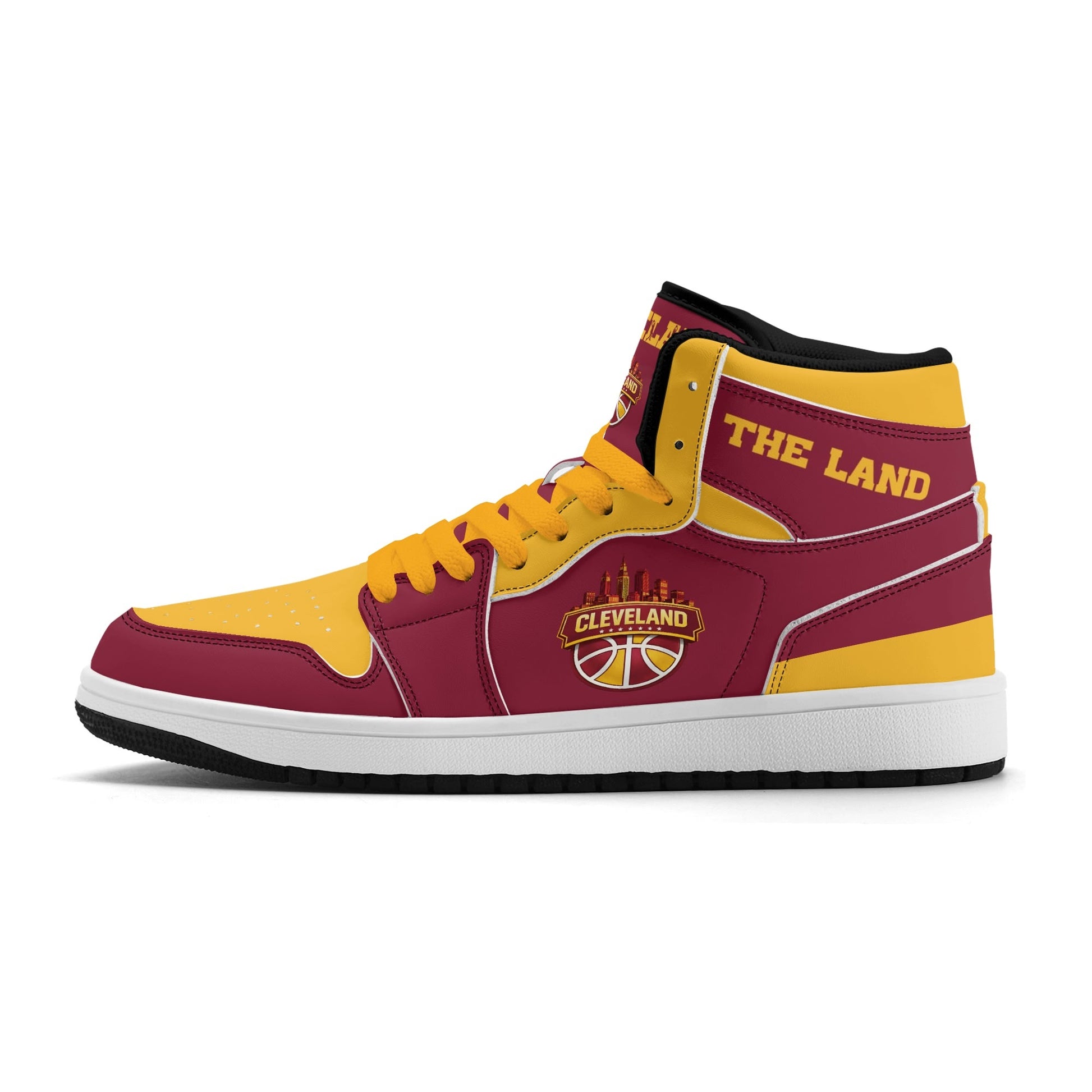 Cleveland basketball-inspired high top sneakers in red with all-over city graphic printed upper
