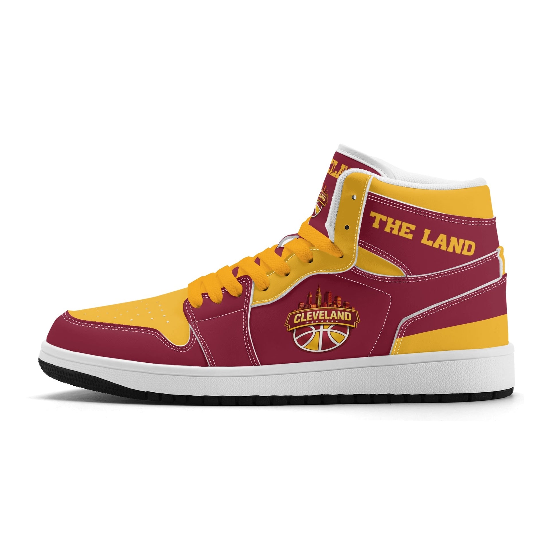 Cleveland basketball-inspired high top sneakers in red with all-over city graphic printed upper