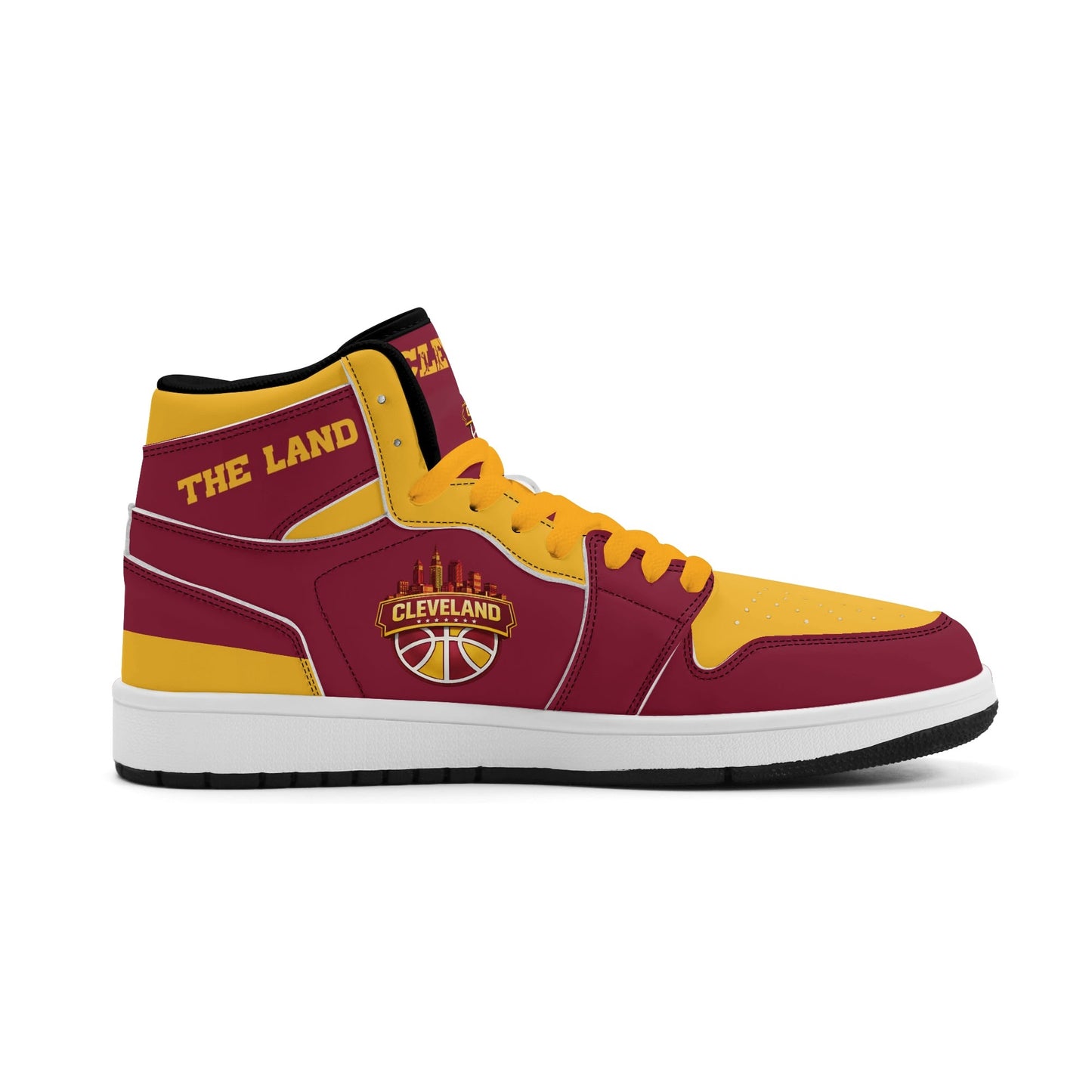 Cleveland basketball-inspired high top sneakers in red with all-over city graphic printed upper