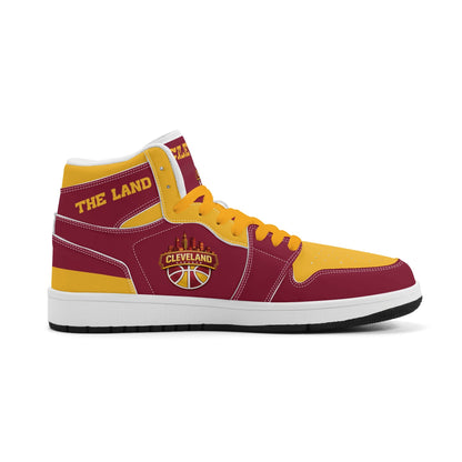 Cleveland basketball-inspired high top sneakers in red with all-over city graphic printed upper