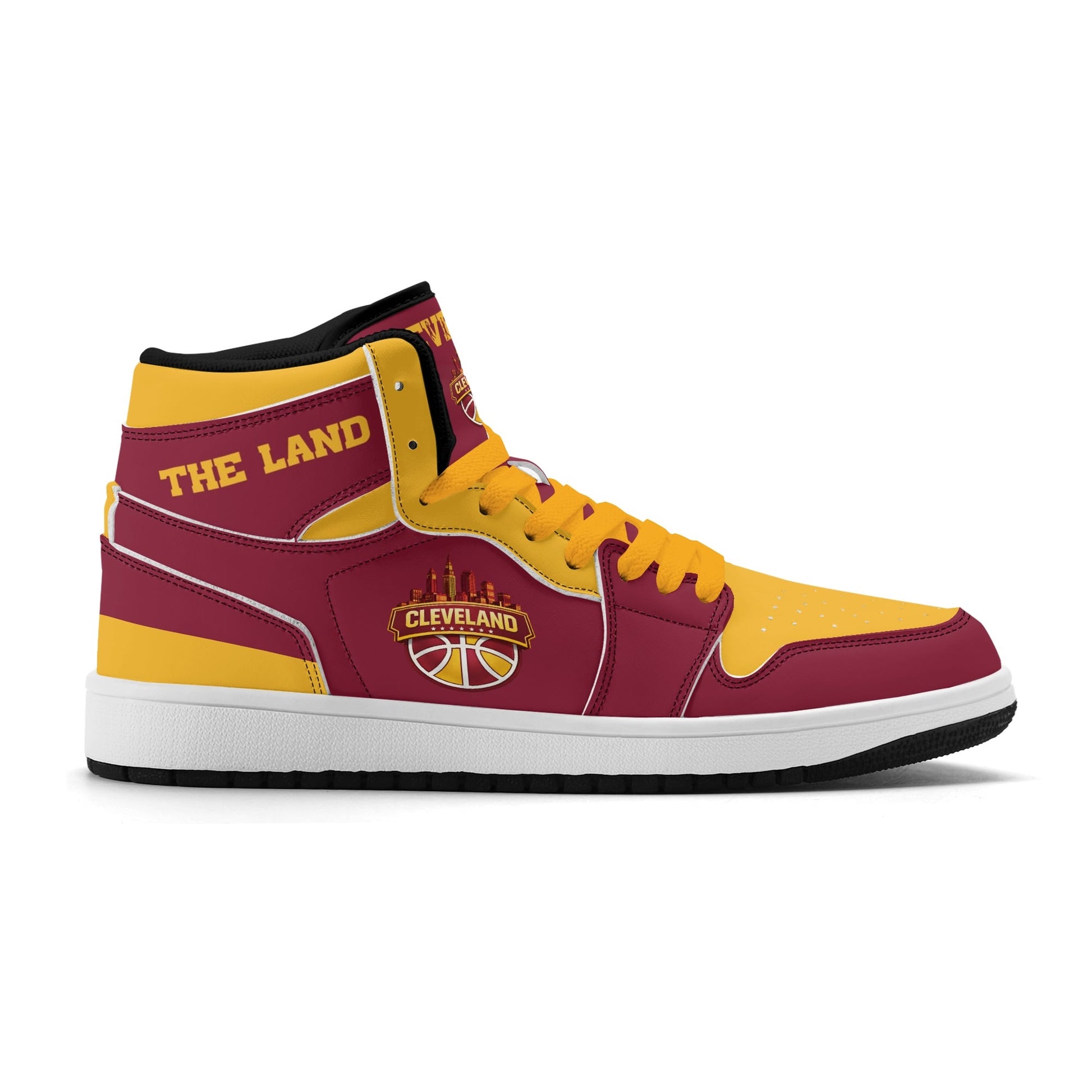 Cleveland basketball-inspired high top sneakers in red with all-over city graphic printed upper