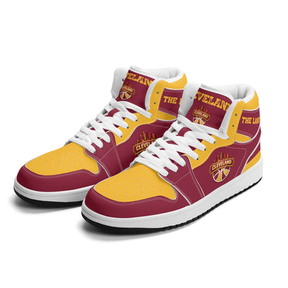 Cleveland basketball-inspired high top sneakers in red with all-over city graphic printed upper