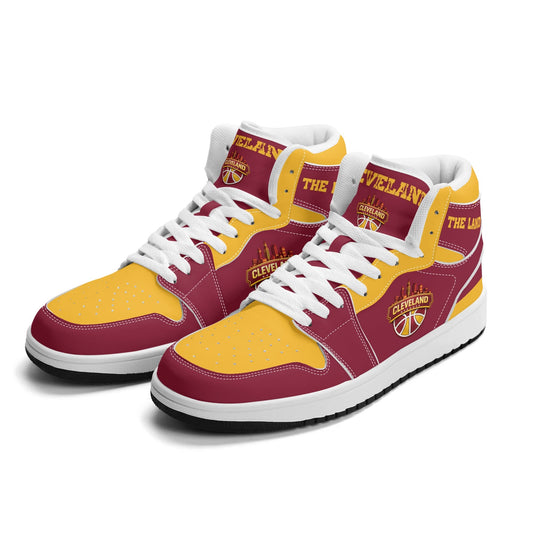 Cleveland basketball-inspired high top sneakers in red with all-over city graphic printed upper