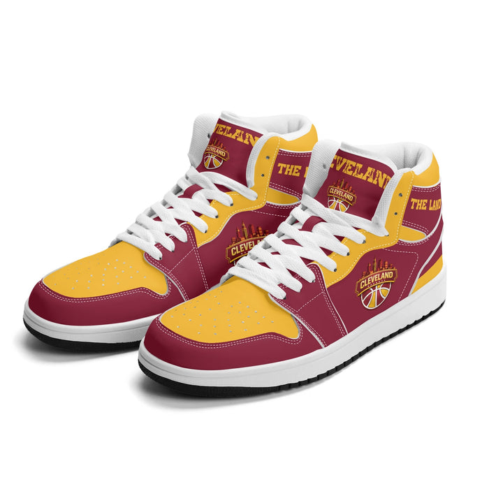 Cleveland basketball Jamrock High top sneakers in wine and gold with THE LAND collar and CLEVELAND skyline badge