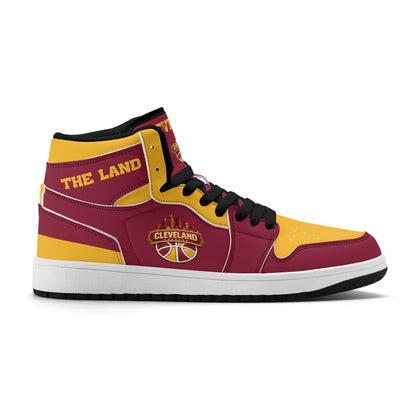 Cleveland basketball-inspired high top sneakers in red with all-over city graphic printed upper