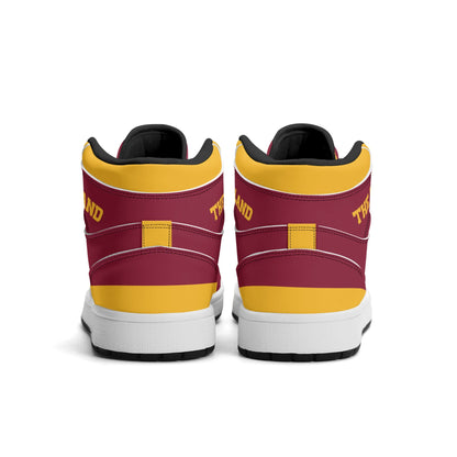 Cleveland basketball-inspired high top sneakers in red with all-over city graphic printed upper