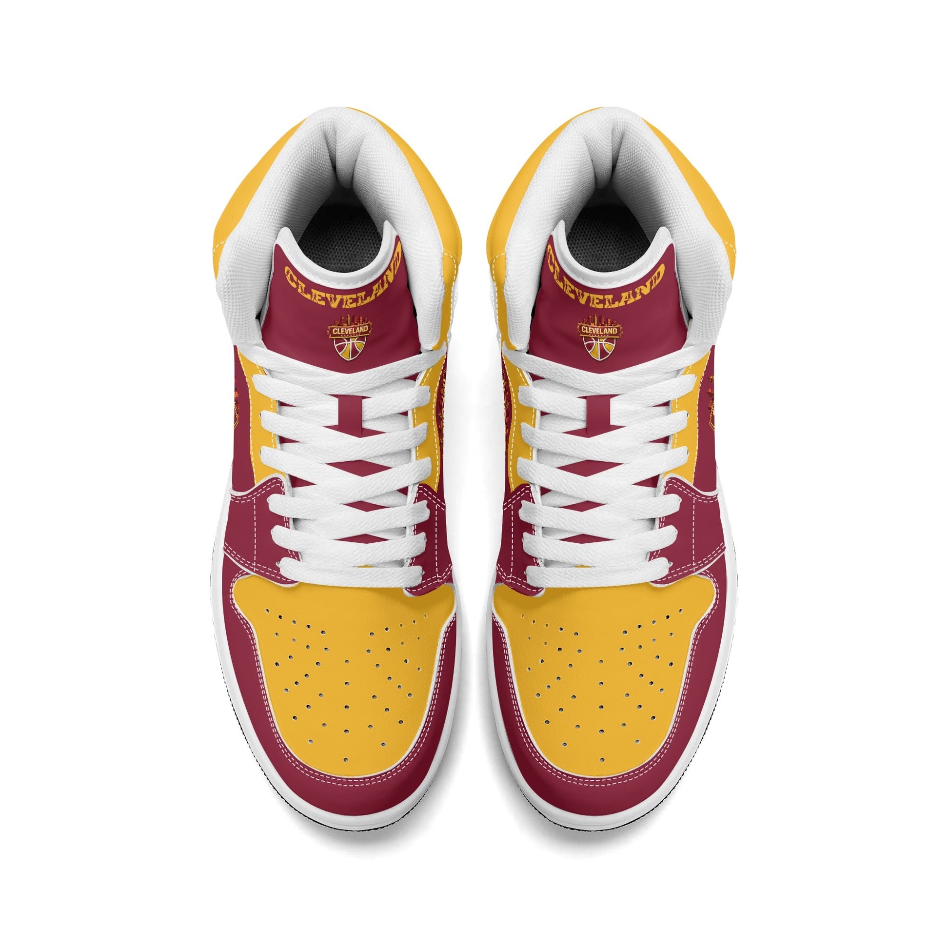 Cleveland basketball-inspired high top sneakers in red with all-over city graphic printed upper
