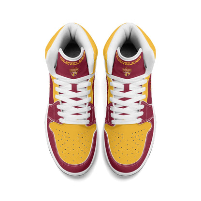 Cleveland basketball-inspired high top sneakers in red with all-over city graphic printed upper