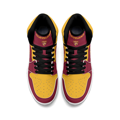 Cleveland basketball-inspired high top sneakers in red with all-over city graphic printed upper