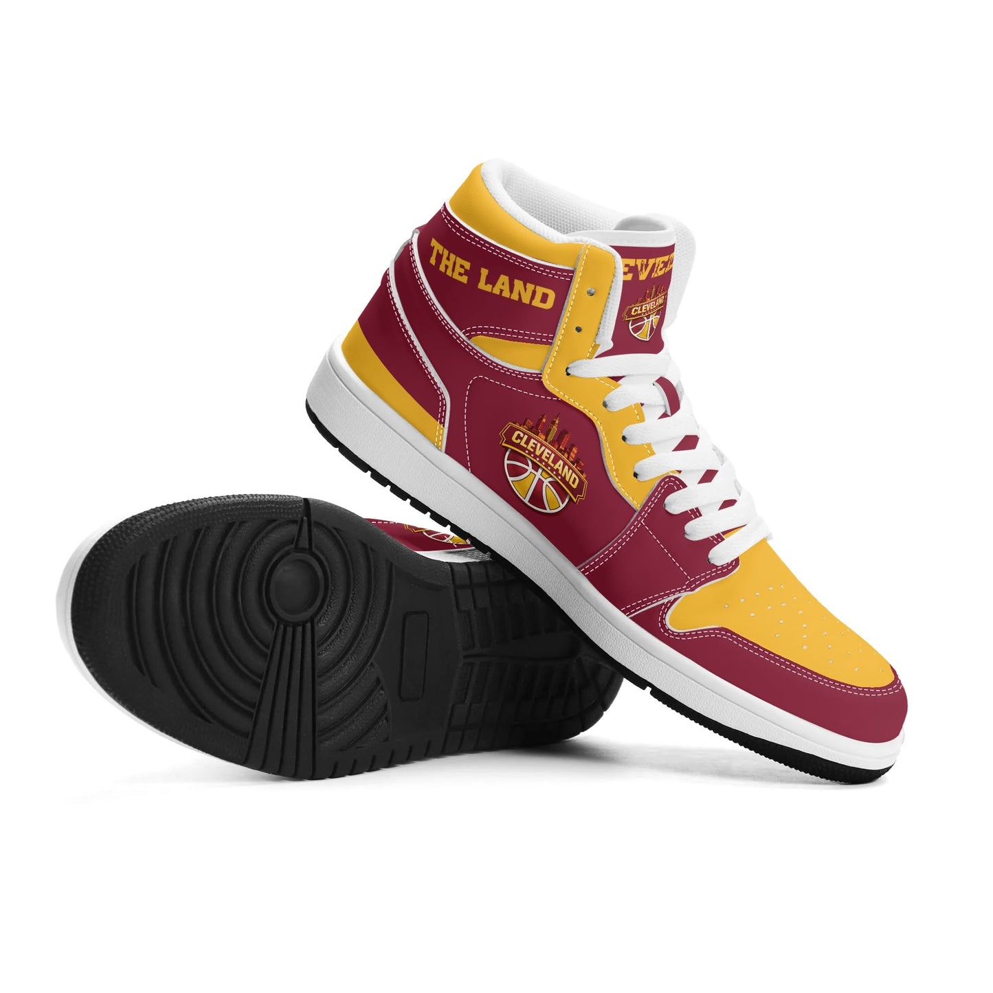 Cleveland basketball-inspired high top sneakers in red with all-over city graphic printed upper