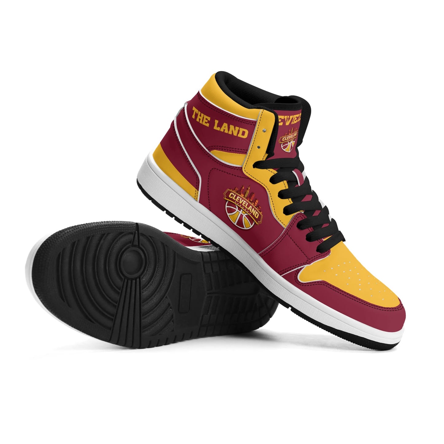 Cleveland basketball-inspired high top sneakers in red with all-over city graphic printed upper