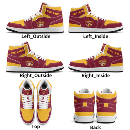 Cleveland basketball-inspired high top sneakers in red with all-over city graphic printed upper