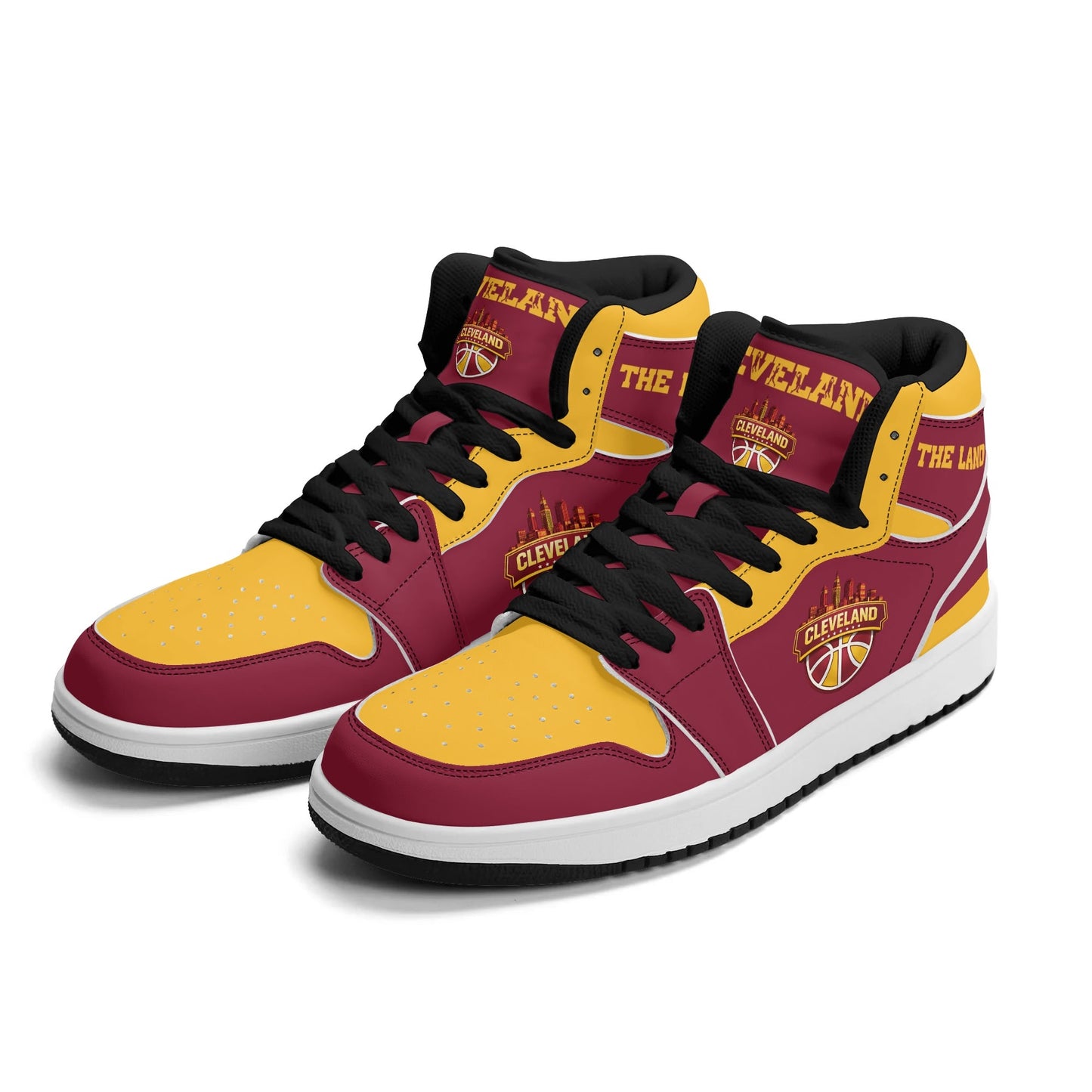 Cleveland basketball-inspired high top sneakers in red with all-over city graphic printed upper