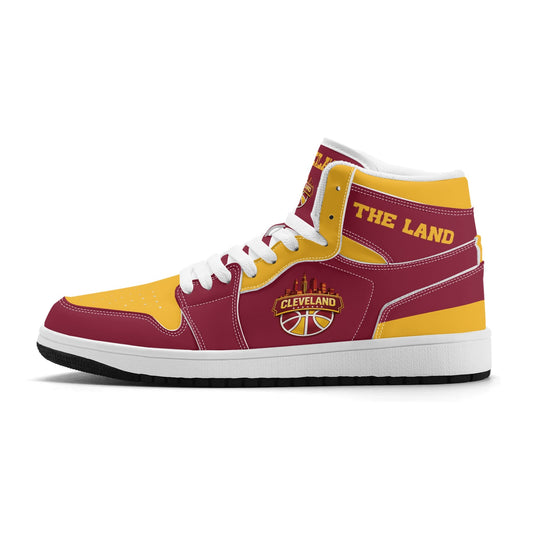 Cleveland basketball-inspired high top sneakers in red with all-over city graphic printed upper