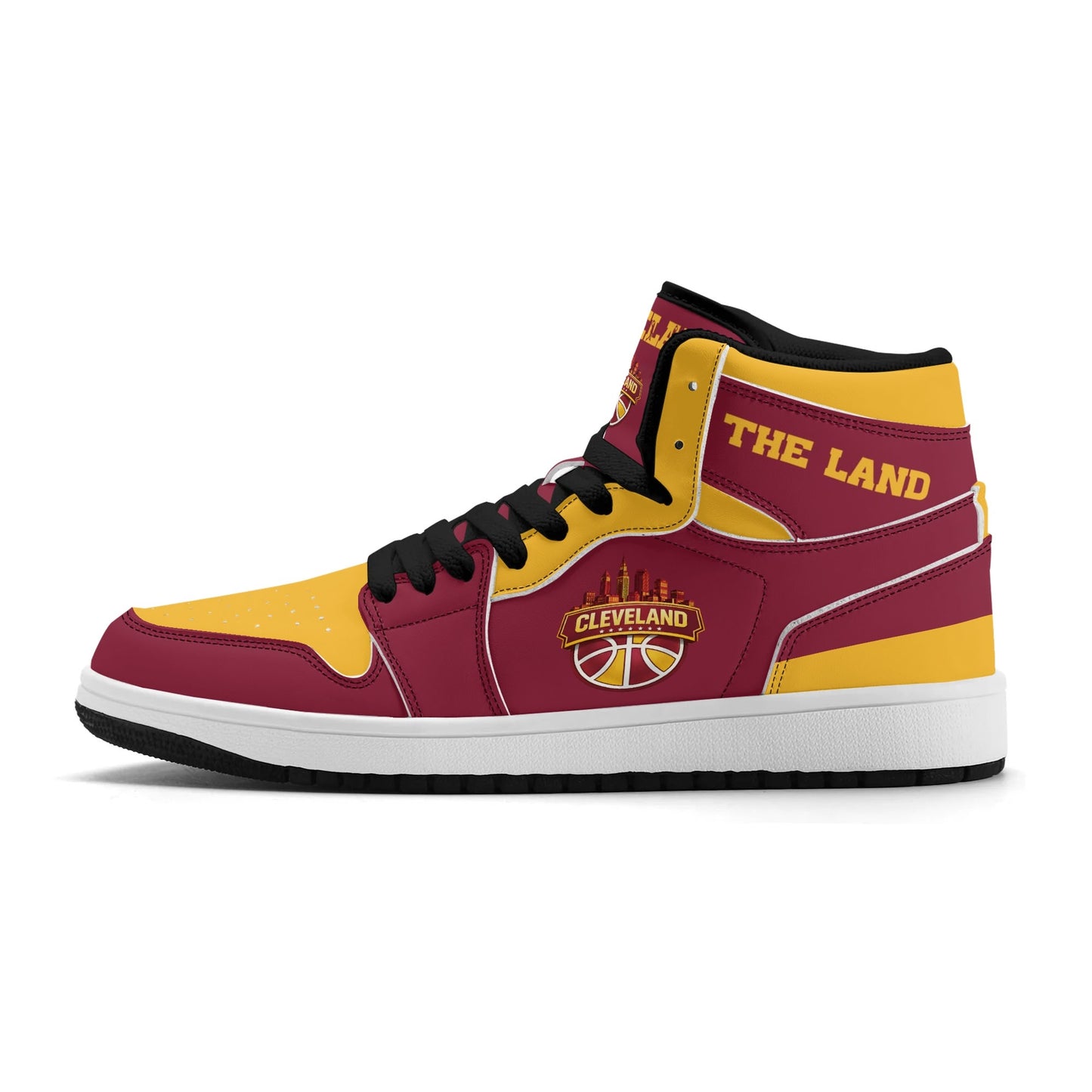 Cleveland basketball-inspired high top sneakers in red with all-over city graphic printed upper