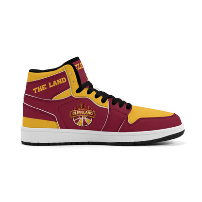 Cleveland basketball-inspired high top sneakers in red with all-over city graphic printed upper