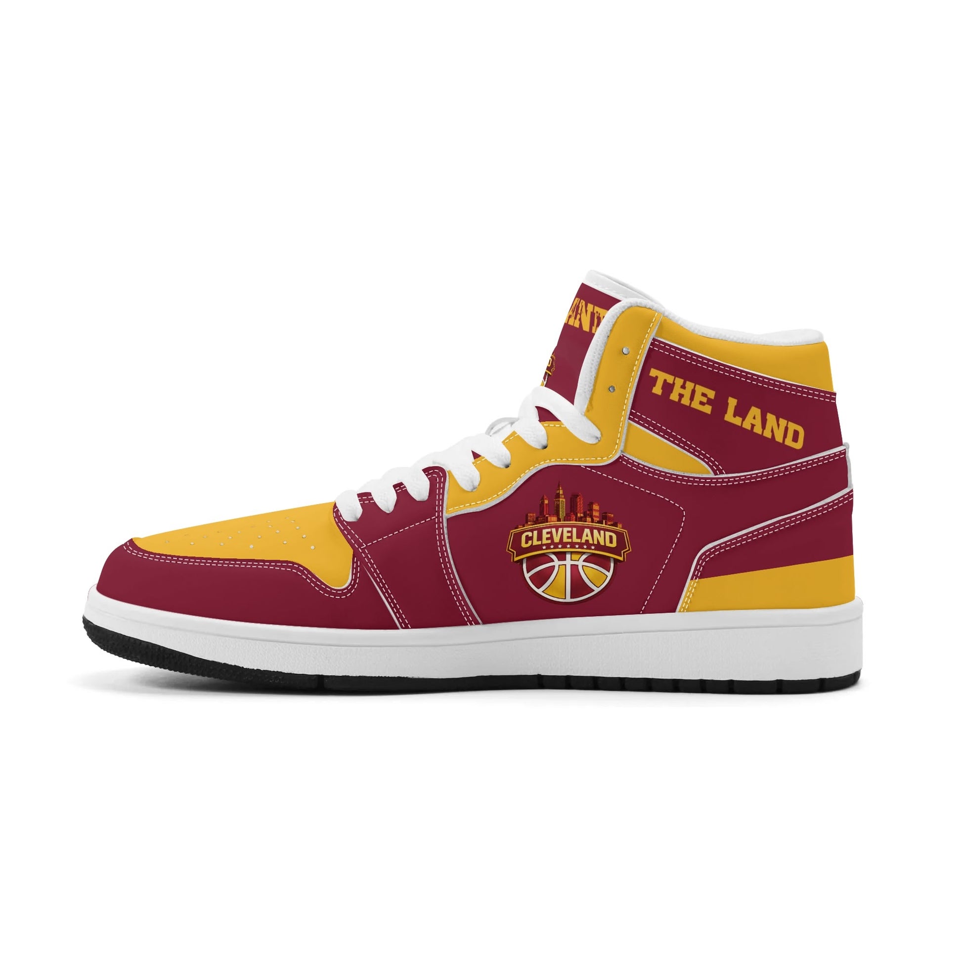 Cleveland basketball-inspired high top sneakers in red with all-over city graphic printed upper