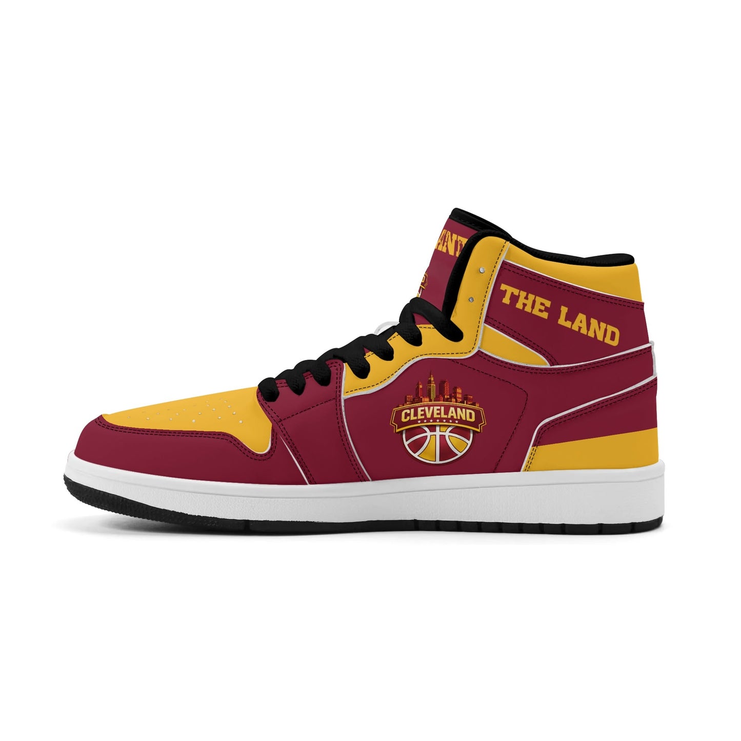 Cleveland basketball-inspired high top sneakers in red with all-over city graphic printed upper
