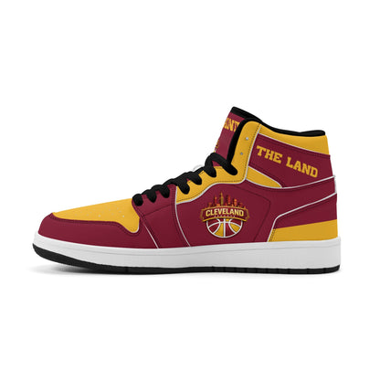 Cleveland basketball-inspired high top sneakers in red with all-over city graphic printed upper