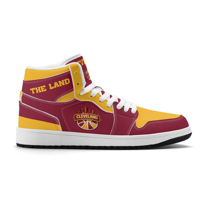Cleveland basketball-inspired high top sneakers in red with all-over city graphic printed upper