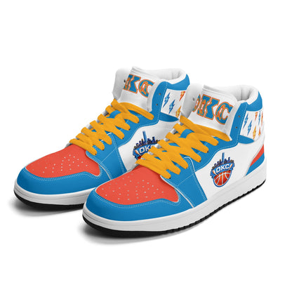 Oklahoma City basketball-inspired high top sneakers in white with all-over city graphic printed upper