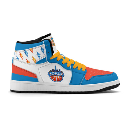 Oklahoma City basketball-inspired high top sneakers in white with all-over city graphic printed upper