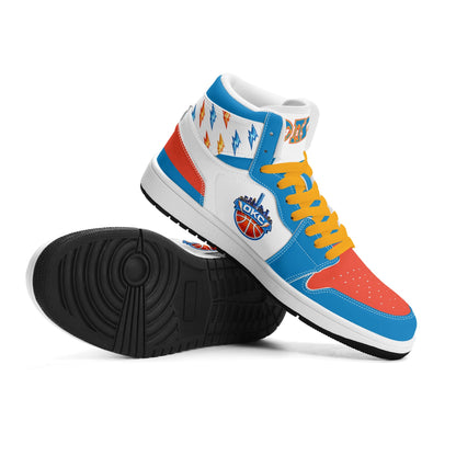 Oklahoma City basketball-inspired high top sneakers in white with all-over city graphic printed upper