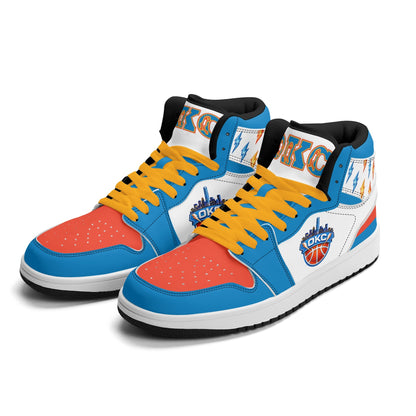 Oklahoma City basketball-inspired high top sneakers in white with all-over city graphic printed upper