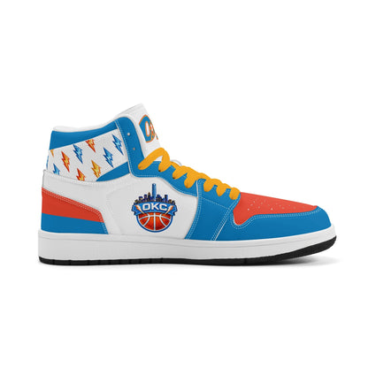 Oklahoma City basketball-inspired high top sneakers in white with all-over city graphic printed upper