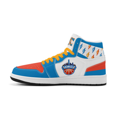 Oklahoma City basketball-inspired high top sneakers in white with all-over city graphic printed upper