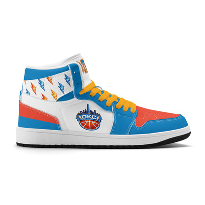 Oklahoma City basketball-inspired high top sneakers in white with all-over city graphic printed upper