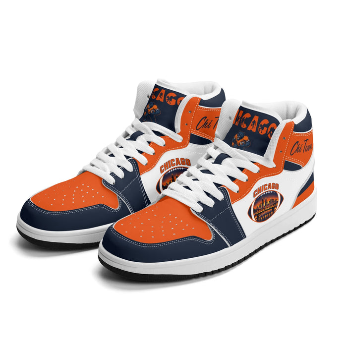Chicago football Jamrock High top sneakers in white, navy and orange with Chi Town script collar and CHICAGO skyline badge