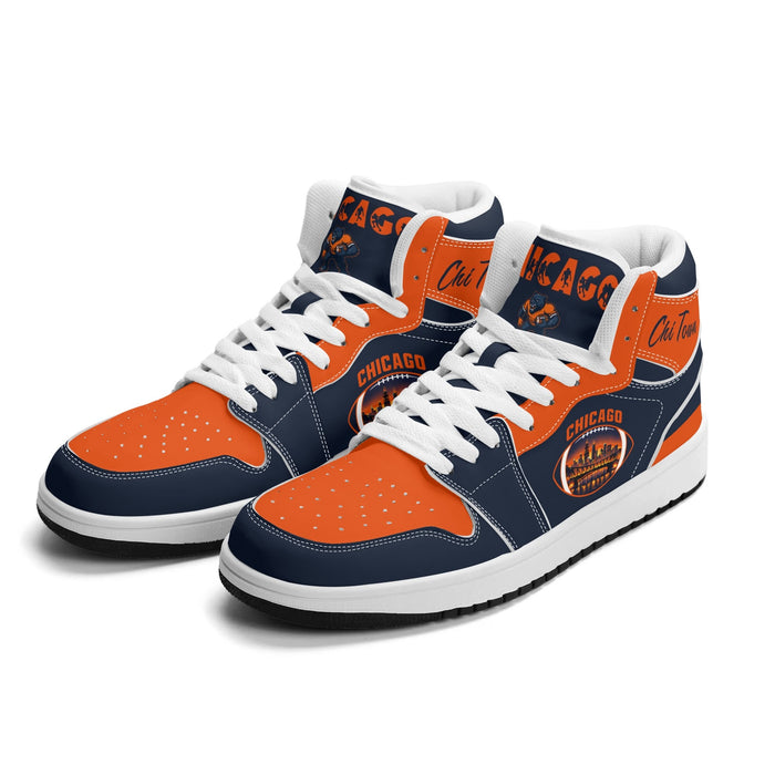 Chicago football Jamrock High top sneakers in navy and orange with Chi Town script collar and CHICAGO skyline badge