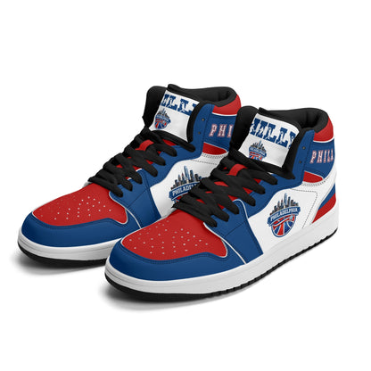 Philadelphia basketball-inspired high top sneakers with all-over city graphic printed upper