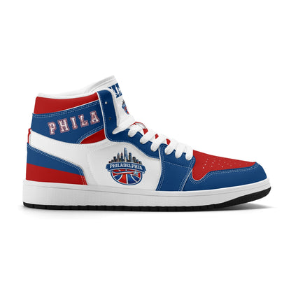 Philadelphia basketball-inspired high top sneakers with all-over city graphic printed upper