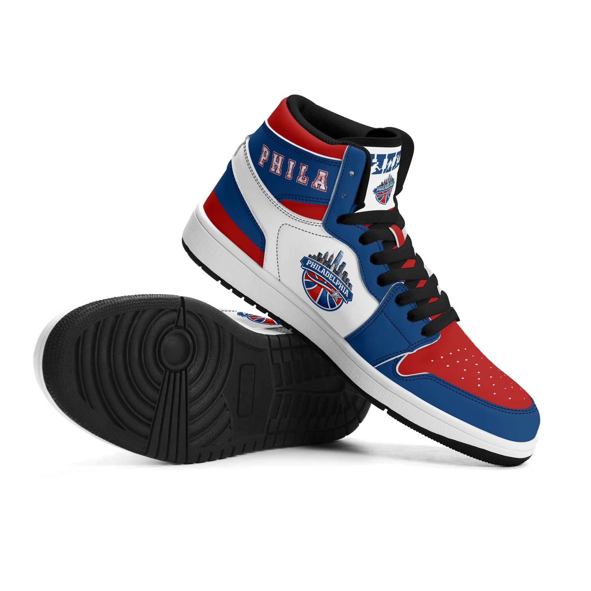 Philadelphia basketball-inspired high top sneakers with all-over city graphic printed upper