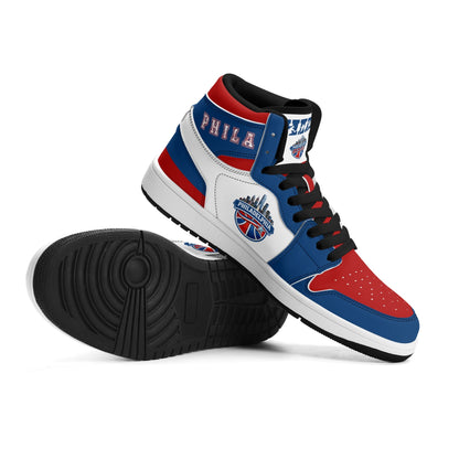 Philadelphia basketball-inspired high top sneakers with all-over city graphic printed upper