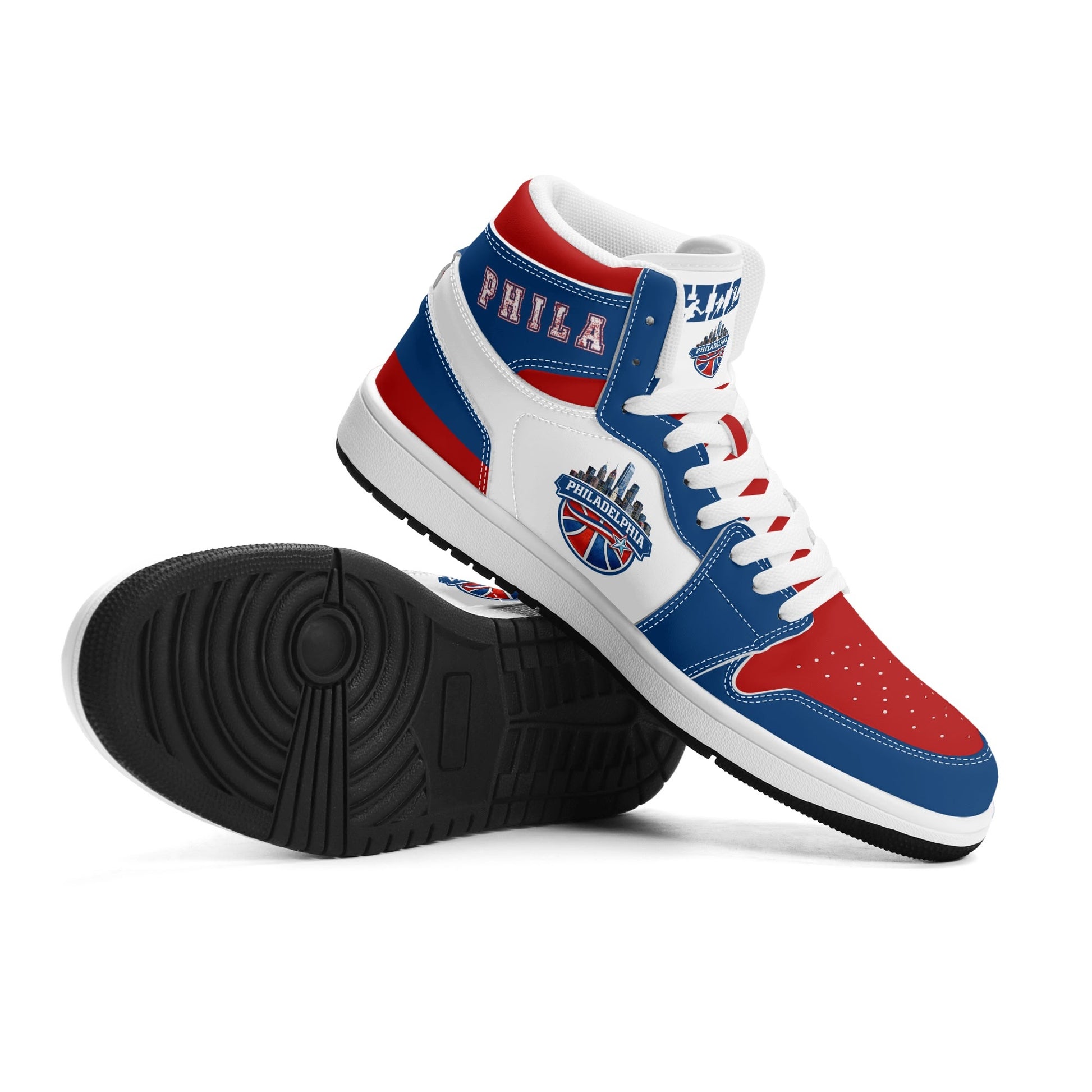 Philadelphia basketball-inspired high top sneakers with all-over city graphic printed upper