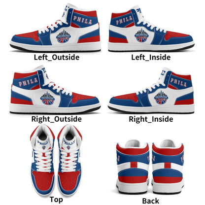 Philadelphia basketball-inspired high top sneakers with all-over city graphic printed upper