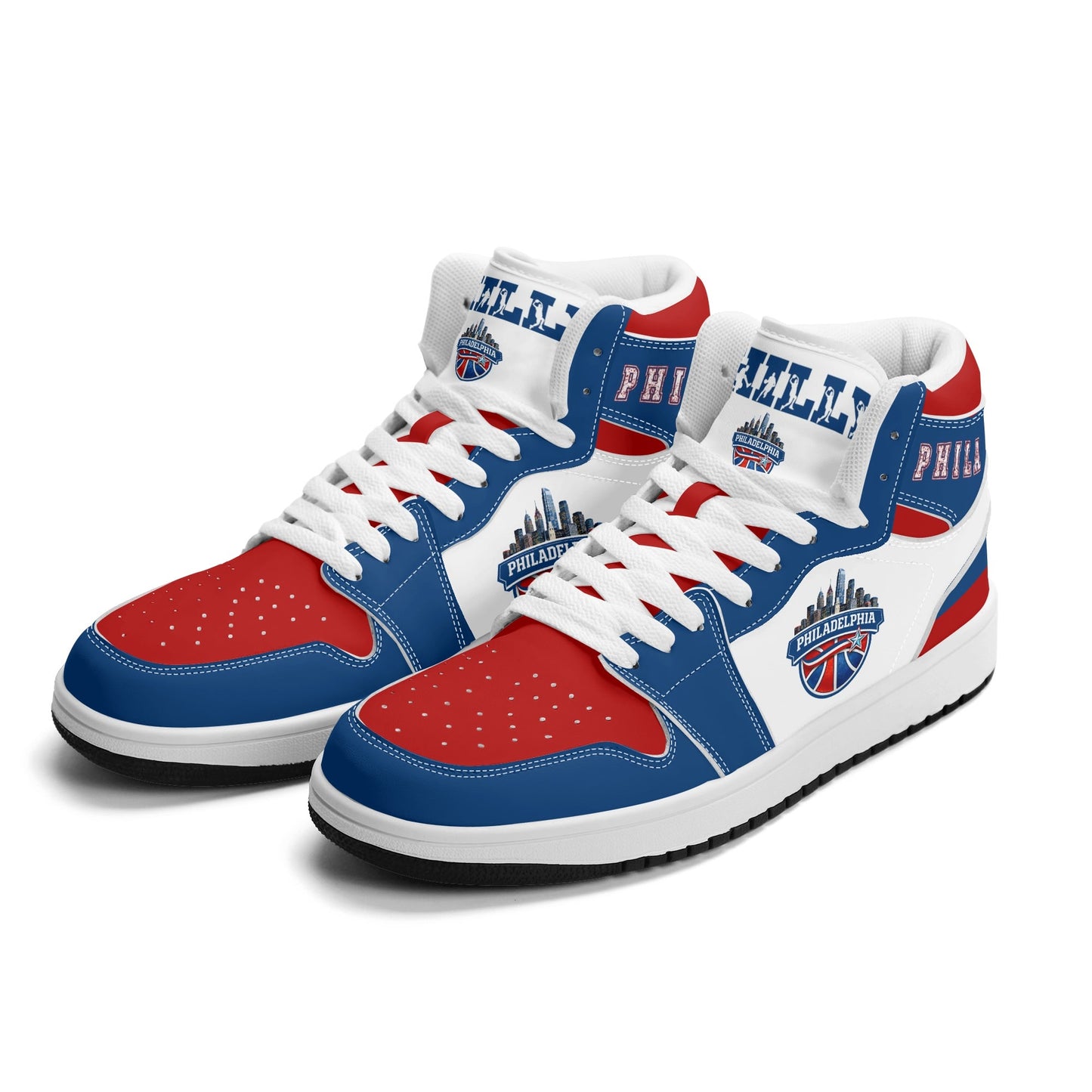 Philadelphia basketball-inspired high top sneakers with all-over city graphic printed upper
