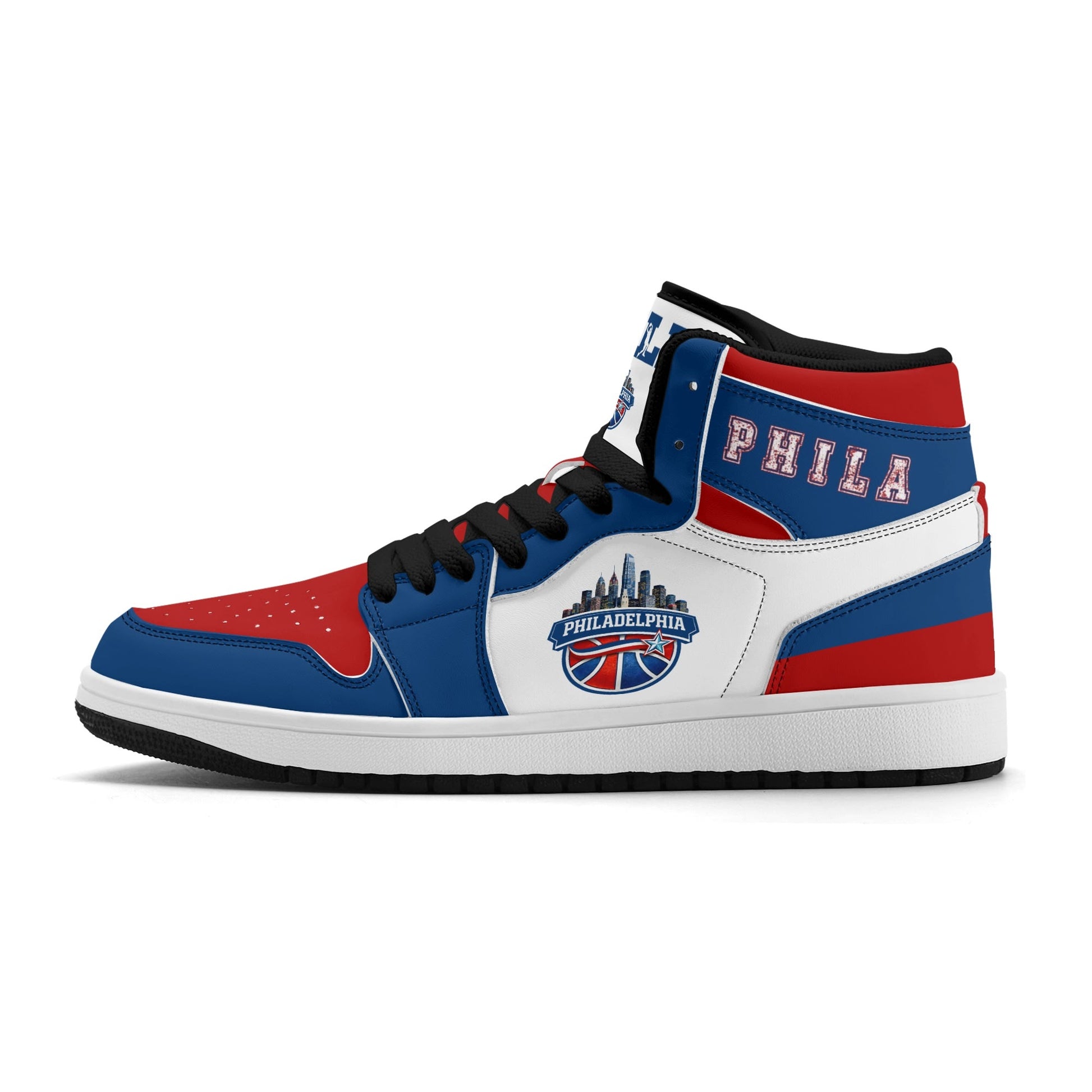 Philadelphia basketball-inspired high top sneakers with all-over city graphic printed upper